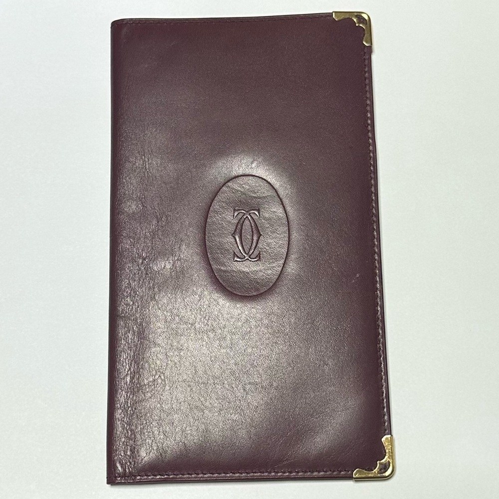 Vintage Must De Cartier Burgundy Leather Long Bifold Wallet - Gold Corners